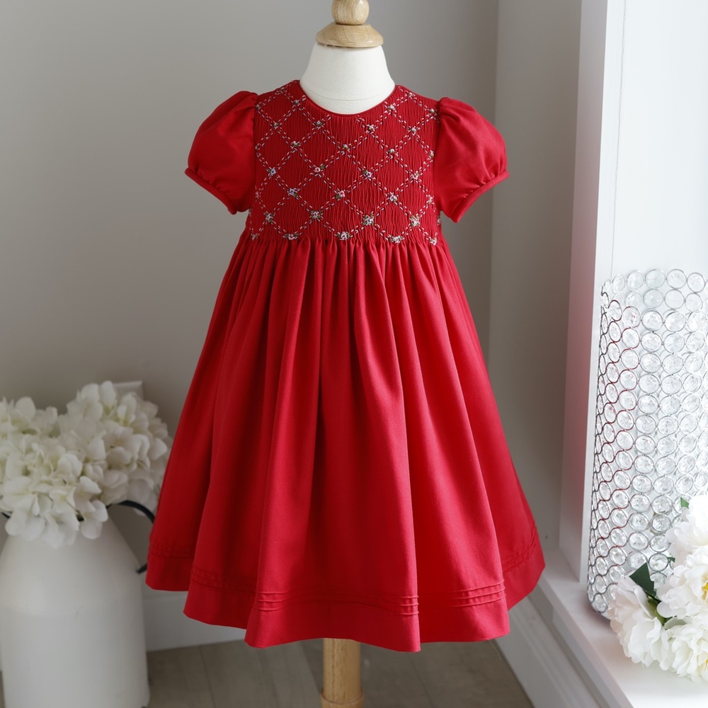 Girls Red Smocked Dress Hand- Embroidery Luli & Me Short Sleeve